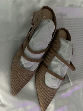 Strappy Pointed-Toe Sparkle Mules in Taupe